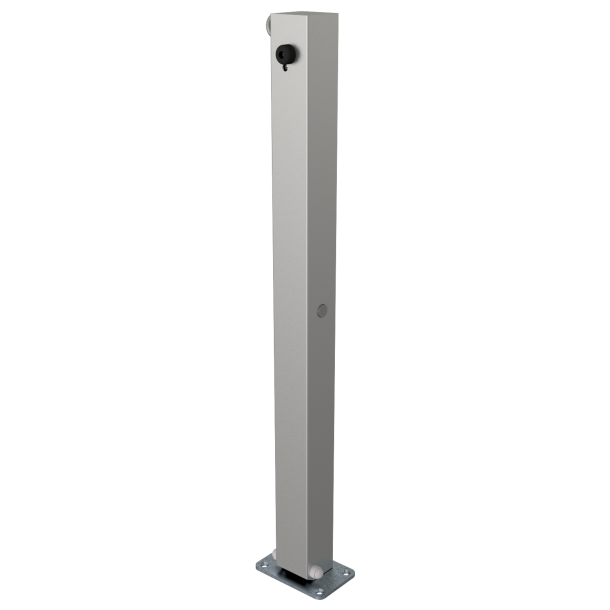 Stainless steel post | 70 x 70 mm | foldable, self-engaging lockto be fixed by plugs, with base plate 100 x 150 mmhot-dip galvanized | with Euro profile cylinder lock and three keys | with 1 eyelet